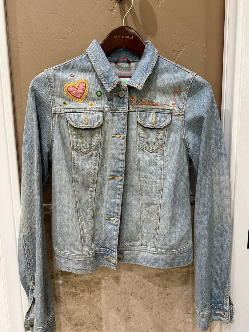 Vintage Light Wash Denim Jacket with Heart Embroidery & California sunrise back